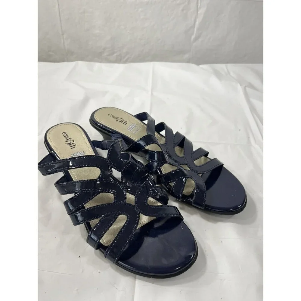 East 5th EF Eris Blue Patent Leather Slip On Open Toe Sandals Shoes size 9